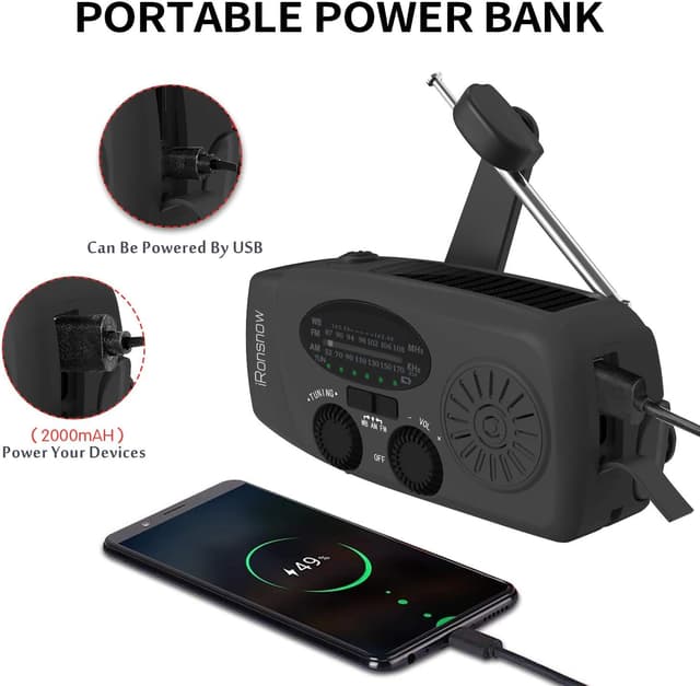 Detalle de iRonsnow 2000mAh wind-up solar emergency crank weather radio (NOAA/FM/AM) with torch & USB-C phone charging