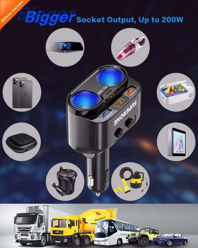 Detalle de SUPERONE 200W 2-Socket Car Charger with PD 20W 🔌