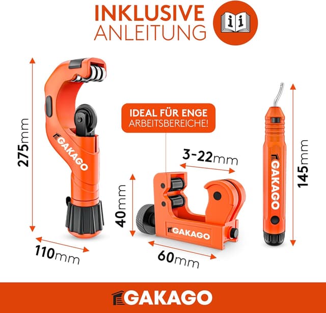 Detalle 2 de Gakago Rohrschneider-Set 3–70 mm mit Entgrater – Rohrabschneider für gängige Metalle & Kunststoffe