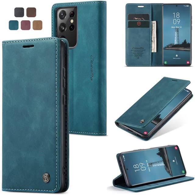 Detalle de Cracedily for Samsung Galaxy S21 Ultra leather flip wallet case with card holder, magnetic closure and kickstand (Blue-Green)