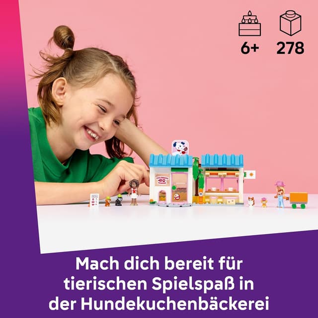 Detalle de LEGO Friends Hundekuchenbäckerei 42677 – Kinder-Einkaufsladen mit 2 Mini-Puppen, 4 Tierfiguren & Zubehör