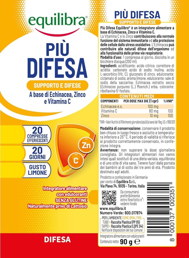 Detalle de Equilibra Integratori Alimentari Più Difesa con Echinacea, Zinco e Vitamina C, compresse effervescenti al gusto limone (3 pezzi)