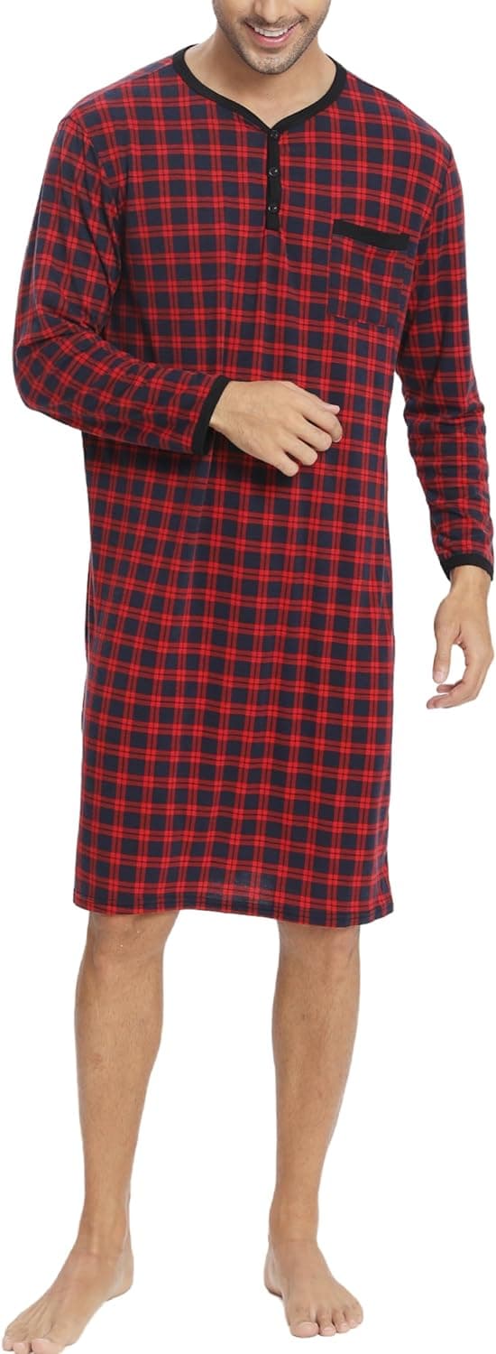 Thumbnail 6 de Yukiuiny Herren Langarm-Nachthemd knielang aus Jersey (Baumwolle/Spandex), weich & luftig fürs Schlafen und Krankenhaus