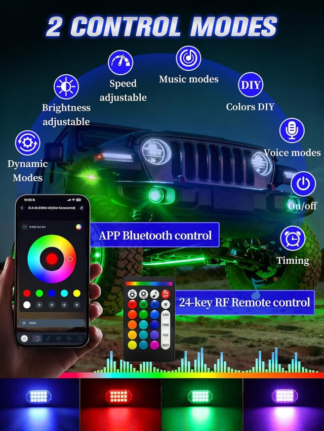 Detalle 2 de 8-Pod RGB LED Rock Lights Kit (APP/RF Remote) for 12V Trucks, Jeeps, UTVs, RZR & More