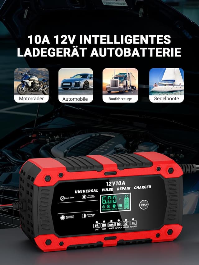 Detalle 2 de Autobatterie-Ladegerät 12V 10A mit LCD, Temperaturkompensation & Rekonditionierungsmodus