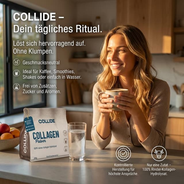 Detalle de COLLIDE Collagen Pulver (geschmacksneutral) – 100% Kollagen-Hydrolysat, zuckerfrei, leicht löslich, 300 g