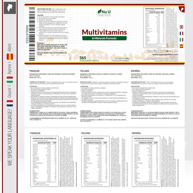 Detalle 2 de Nu U Nutrition Multivitamin & Mineralstoffe A–Z – 365 vegetarische Tabletten (A–Z, 25 Nährstoffe pro Tablette)