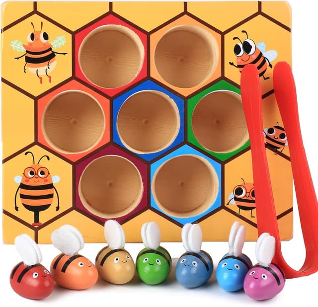 Detalle de YUNCHY Toddler Fine Motor Skill Toy: Bee to Hive Matching Game (Montessori wooden color sorting)