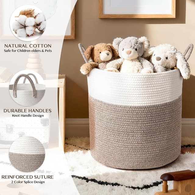 Detalle de Purecas großer Wäschekorb aus Baumwollseil mit Henkel (36x40 cm) – braun, tragbarer Aufbewahrungskorb für Bad, Kinderzimmer & Wohnzimmer