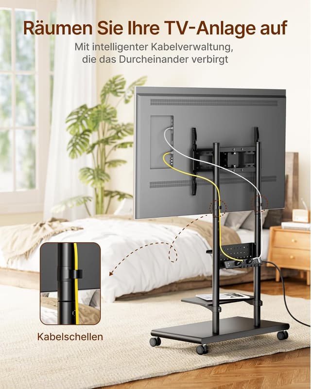 Detalle 2 de ECOTINY TV Ständer Rollbar mit Ablagefächern – höhenverstellbar, dreh- und neigbar, VESA bis 600 x 400 mm