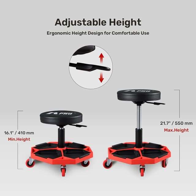 Detalle 2 de HYDRAULIC PRO Adjustable Height Rolling Mechanic Stool (16.1–21.7 in) with Cushioned Seat and Tool Trays