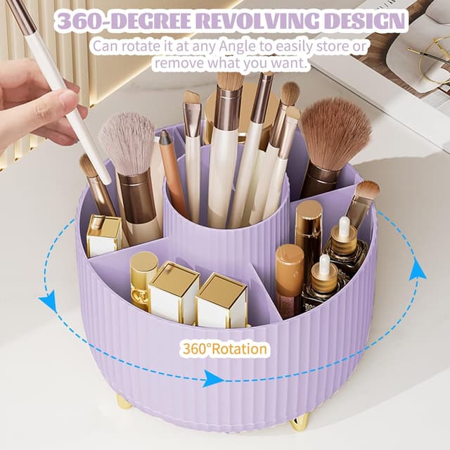 Detalle de 360° Drehbarer Make-up Organizer mit 5 Fächern – Make-up & Pinselhalter in Violett