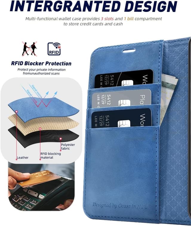 Detalle de OCASE Handyhülle für Samsung Galaxy S24+ / S24+ Plus 5G – Flip-Schutzhülle mit Kartenfächern & Standfunktion, hellblau