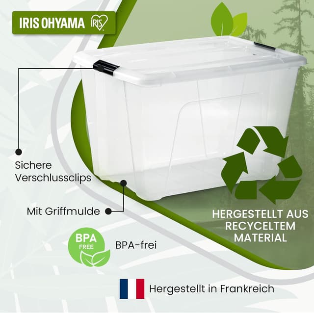 Detalle de Iris Ohyama BSB-55 Aufbewahrungsboxen mit Deckel (55 l) im 4er-Set, transparent