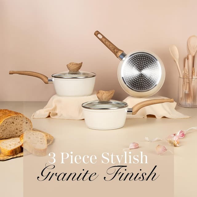 Detalle de Nuovva Cream Granite 3-Piece Non-Stick Saucepan Set (16cm, 18cm, 20cm) with Lid – Induction compatible