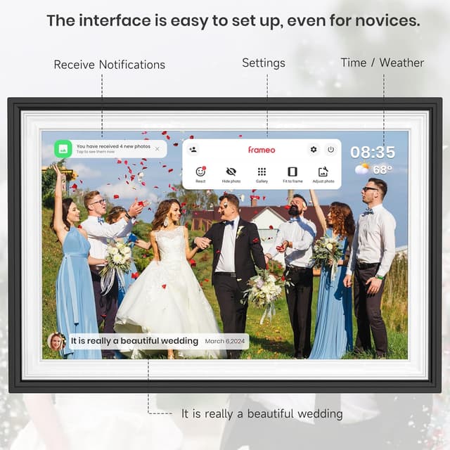 Detalle de BIGASUO Frameo WiFi Digital Photo Frame 10.1 Inch (Black/White) with Touch Screen, 32GB & Auto Rotate