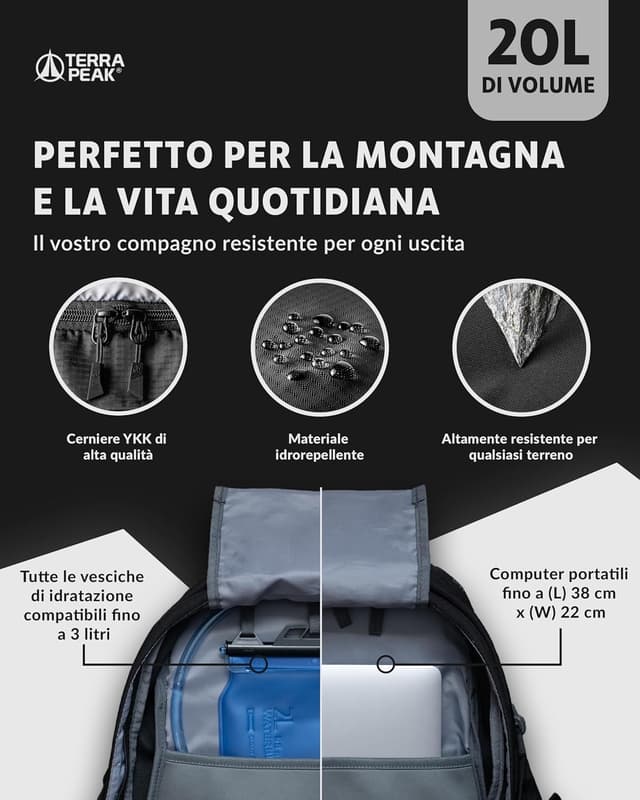 Detalle de Terra Peak Zaino da trekking FLEX 20 Piccolo 20 litri impermeabile con ventilazione posteriore