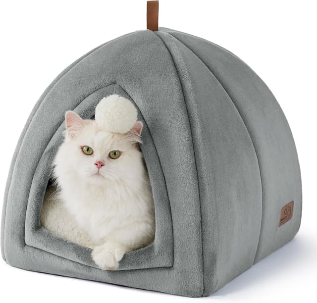 Detalle de Bedsure Cat Cave Bed Indoor with Flannel Hooded Igloo House (Grey) – 40x40x40cm foldable cat tent