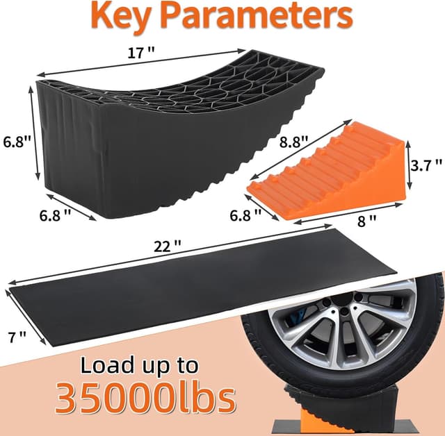 Detalle de OULEME Curved Leveling Blocks (2-Pack) for RV Tire Changes — Lift up to 6" with Chocks and Rubber Mat