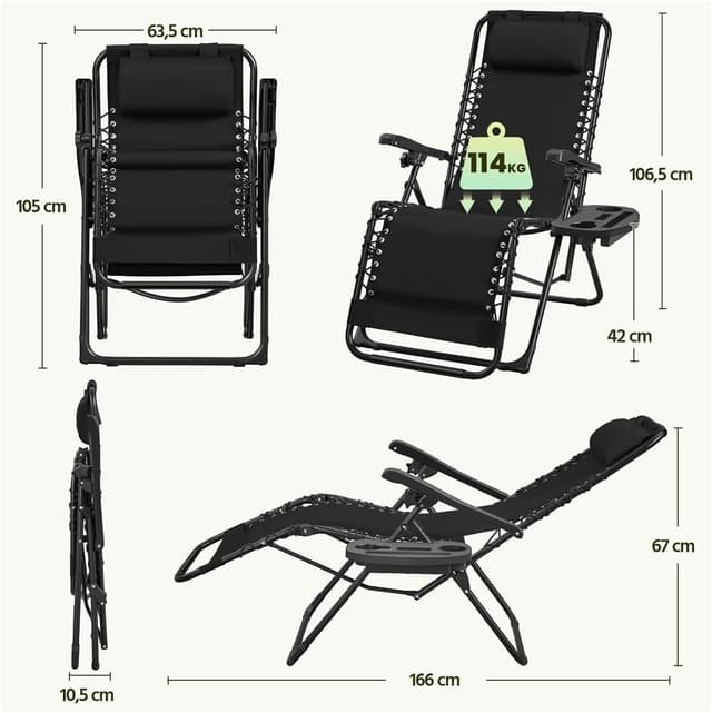 Detalle de Yaheetech Set di 2 sedie a sdraio pieghevoli a gravità zero con vassoio rimovibile, nero