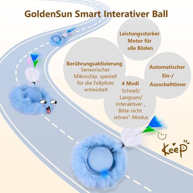 Detalle de GoldenSun Katzenspielzeug Bewegungs-Zwitscher-aktivierter Ball mit 5-Loch-Versteckspiel (blau)
