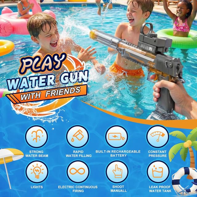 Detalle 2 de UROINT Electric Water Gun for Kids (Desert Eagle Black) – automatic long-range squirt blaster with LED