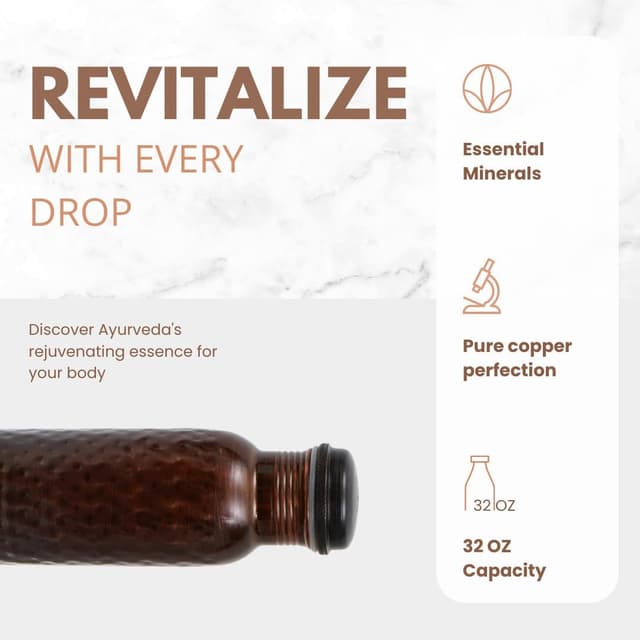 Detalle 2 de AVA DESIGNZ hand-hammered black copper water bottle (950 ml) with leakproof lid & canvas bag set