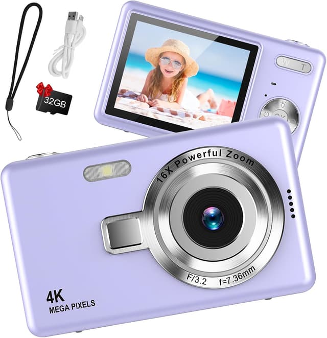 Detalle de 1080P FHD Digital Camera (44MP) with 2.4" LCD, 16X Digital Zoom & 32GB SD Card – Compact Vlogging Camera for Kids & Beginners (Purple)