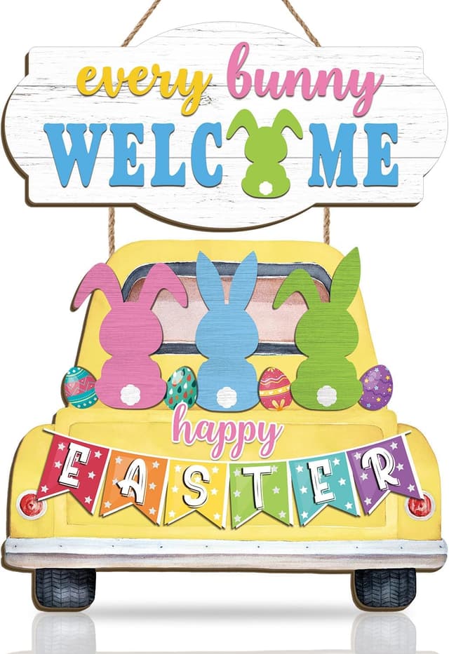 Detalle de HPNIUB Happy Easter Rabbit Welcome hanging front door sign (wood plaque with rope)