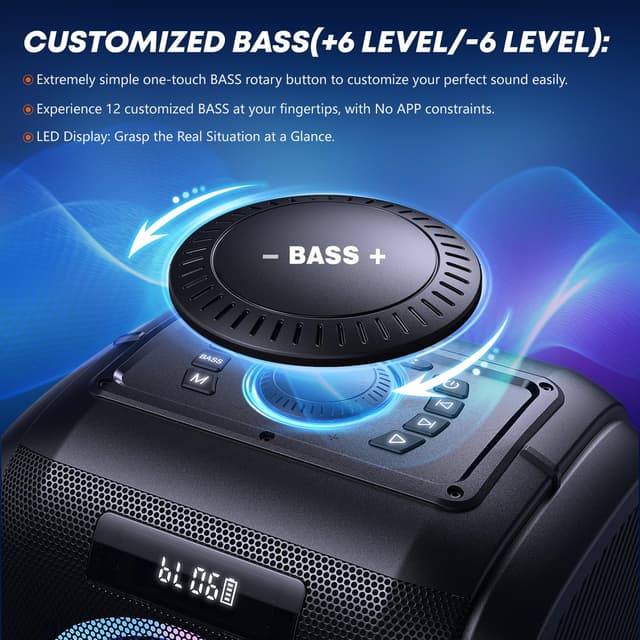 Detalle 2 de W-KING 250W Peak Party Bluetooth Speaker with 12 Custom Bass EQ, MIC/Guitar Input, IPX5 & Removable Battery