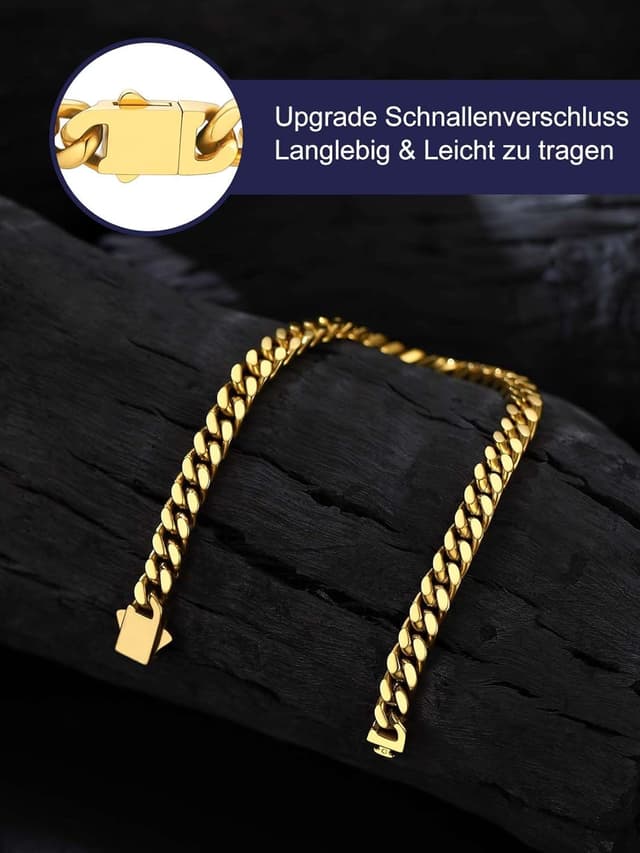 Detalle de Bandmax Herren Panzerarmband aus 316L Edelstahl (5 mm) mit kubanischer Miami-Kette, 19/21/23 cm – silber/schwarz/vergoldet