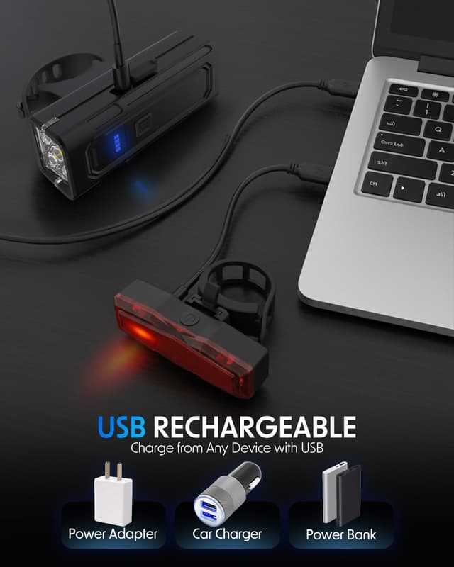 Detalle de Tekwet Super Bright Bike Lights Set (USB rechargeable, IPX4 waterproof) for road, MTB and night rides