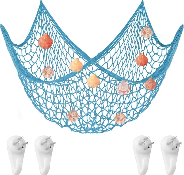 Detalle de Aolso Décoration murale en filet de pêche naturel méditerranéen (1 x 2 m) bleu