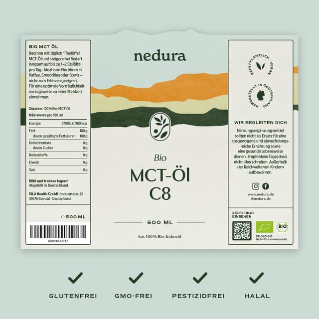 Detalle 2 de nedura BIO MCT-Öl C8 60% für Keto, 500 ml