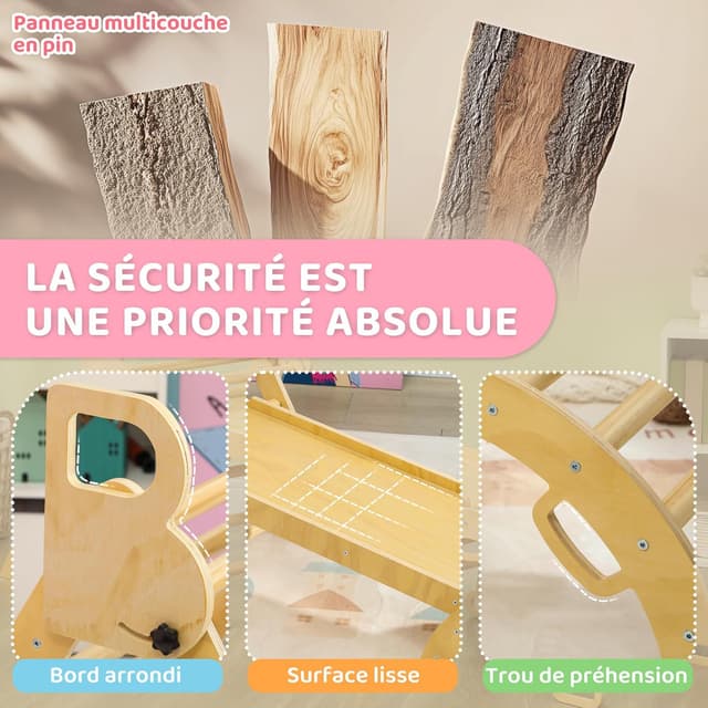 Detalle 2 de AIYAPLAY Triangle d’escalade enfants 5 en 1 (triangle, arche basculante, rampe réversible, toboggan, bascule) jusqu’à 50 kg