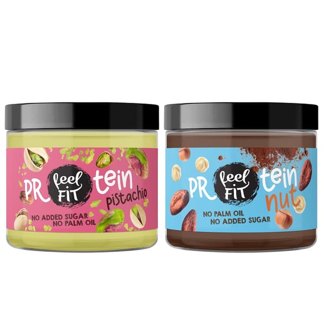 Detalle de Feel Fit Protein Creme Mix – Pistazie & Nuss Kakao-Haselnuss Aufstrich, 6×200 g, ohne Zuckerzusatz