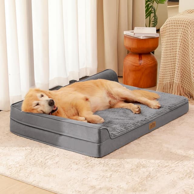 Detalle de COZY KISS Orthopedic Dog Bed for Large Dogs (L Shape) – Waterproof Cover, Anti-Slip, Washable – Grey, 107x76x19cm
