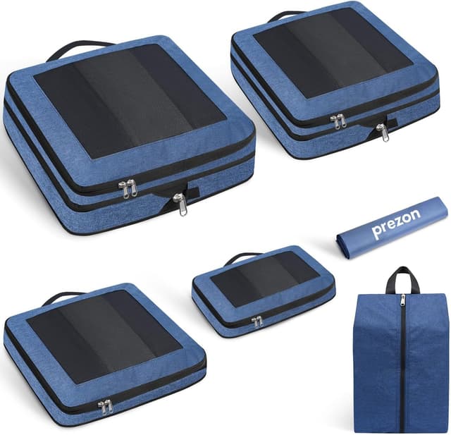 Detalle de Prezon Compression Packing Cubes (6-piece set) for carry-on travel with full-open mesh and laundry & shoe bags