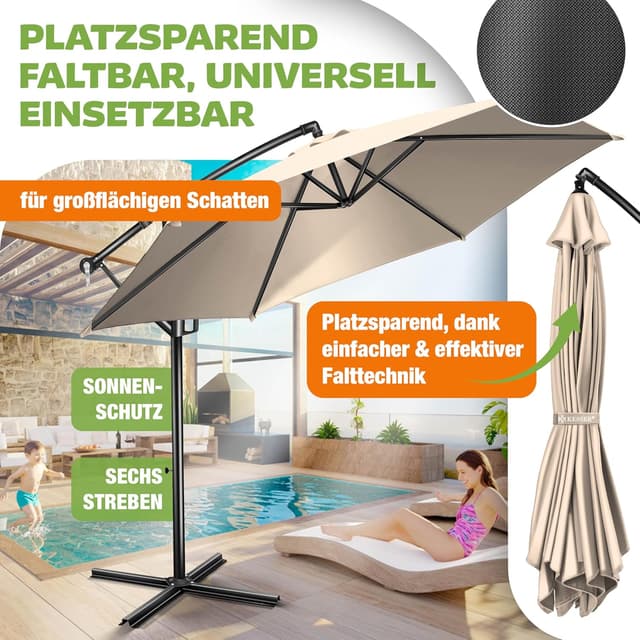 Detalle de KESSER® Sonnenschirm Ø 300 cm – Ampelschirm mit Kurbel, 360° Funktion und Schutzhülle in Beige