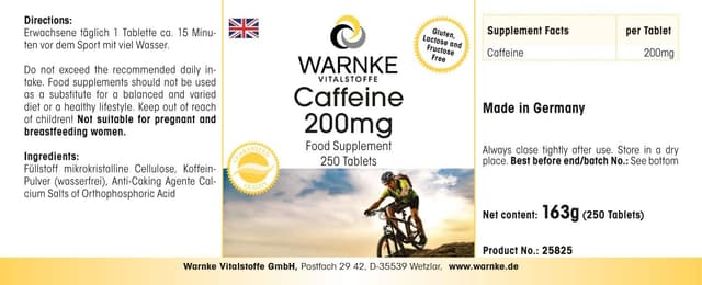 Detalle de Warnke Vitalstoffe Caffeina pura 200 mg in compresse 250 vegane đź’Š
