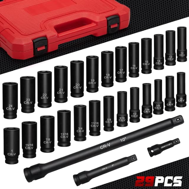 Detalle de 1/2" Drive Impact Socket Set (29-Piece) — Cr-V-M Steel Deep Sockets, SAE & Metric, With Extension Bar and Storage Case