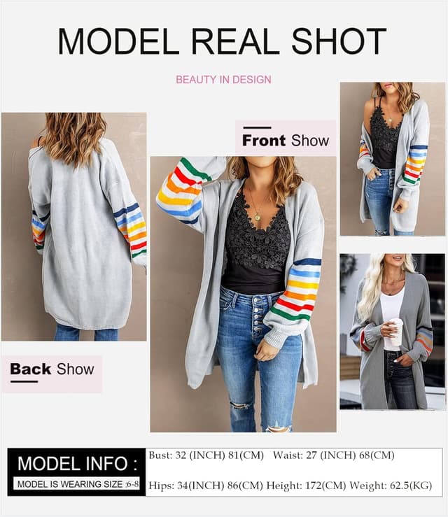 Detalle de AlvaQ Women’s Longline Open-Front Rainbow Striped Cardigan (S–XXL) – Lightweight Knit Coat Jacket