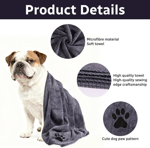 Detalle de Adiwo 2er-Set Hunde-Handtücher (100 × 50 cm) – extra saugfähig, schnell trocknende Mikrofaser in Grau