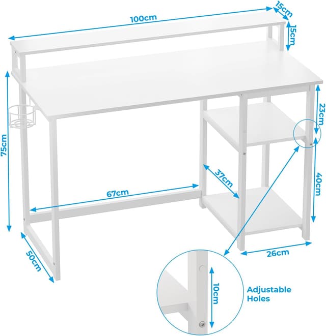 Detalle de GreenForest computer desk with full monitor stand, 100 cm home office setup in full white