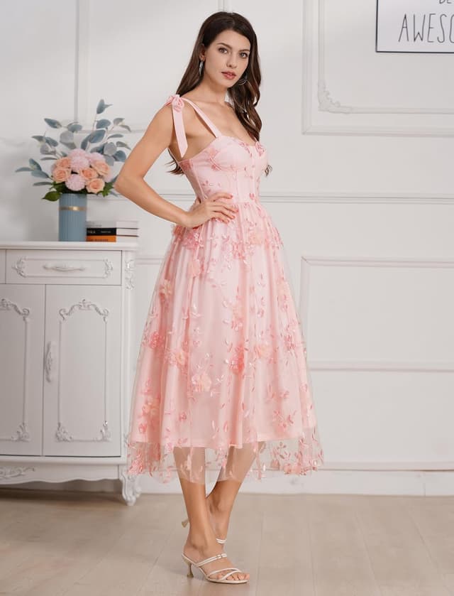 Detalle de OMEWEE Corset Midi Dress with Floral Bustier Detail – Spaghetti Strap Floral Wedding Guest Dress
