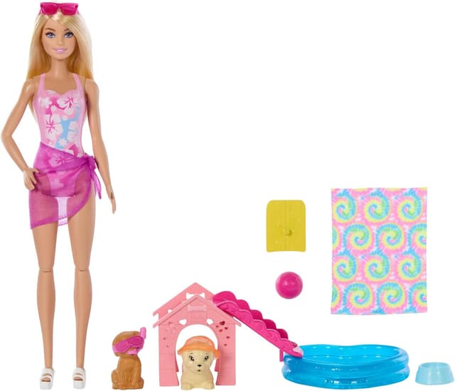 Detalle de Barbie Piscina dei Cuccioli (JBF35) set con effetto cambia colore, scivolo e bambola inclusa
