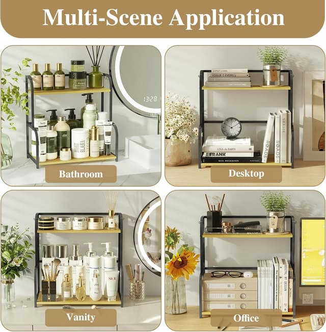 Detalle 2 de Kitchen Shelf Organiser Coffee Station – 2-Tier Black Wooden Countertop Spice Rack Storage Unit