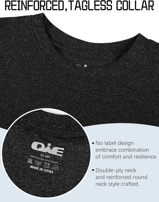 Detalle de QWE 5-Pack Boys Dry-Fit Shirts (Youth Activewear Short Sleeve Tees, 5–18)