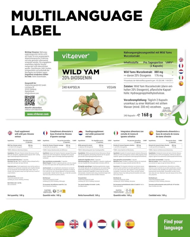 Thumbnail 6 de Wild Yam Wurzel Extrakt – 240 Kapseln – 880 mg Extrakt täglich (176 mg Diosgenin) – vegan, laborgeprüft