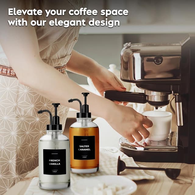 Detalle 1 de Spaceneat Coffee Syrup Dispenser with Pump (Glass, 500 ml) – Set of 4 with 24 flavour labels, cleaning brush & funnel
